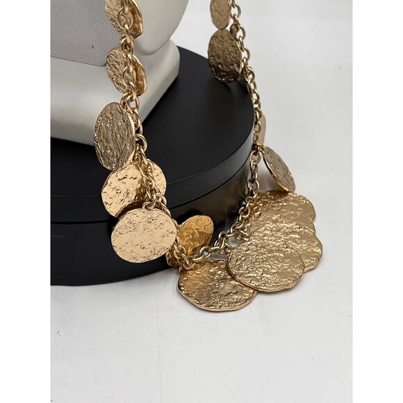 Banana Republic Signed Gold Tone Long Textured Coin Dangle Long Toggle Necklace - Picture 5 of 8